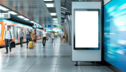 Dynamic White Billboard Mockup in Vibrant Metro Station Environment
