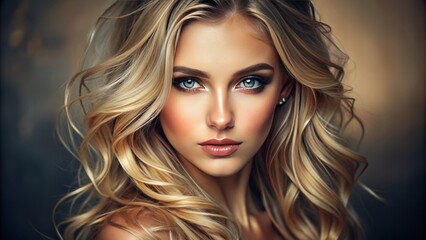 Fototapeta premium Flawless skin and delicate features define this stunning blonde woman's captivating portrait, showcasing flowing hair and hazel eyes.