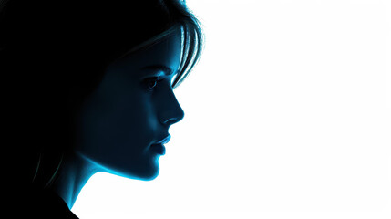 Elegant silhouette of a confident young woman staring ahead on a white background.