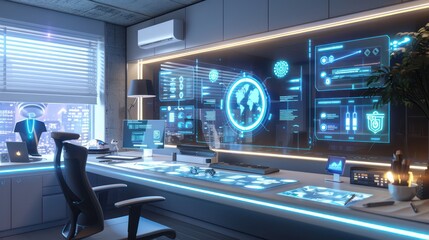 Fototapeta premium futuristic home office setup with holographic displays and AI assistants helping manage daily tasks and meetings