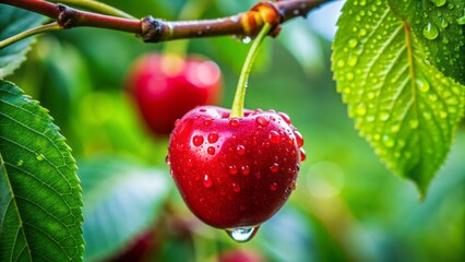 Vibrant red cherry ripens on branch amidst lush green foliage and delicate leaf with subtle natural morning dew droplets.