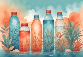 Watercolor water bottles and plants illustration