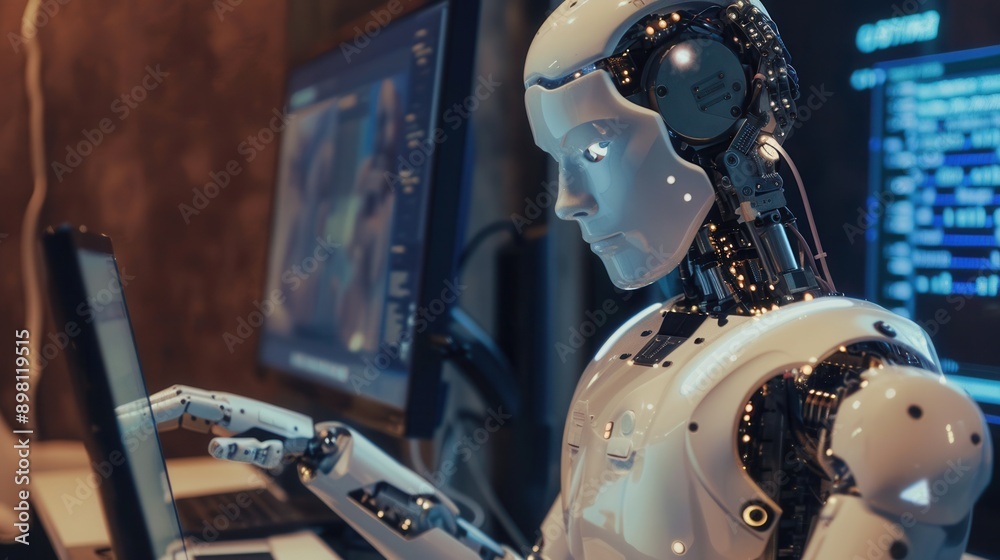 Poster A white artificial intelligence robot writer sits in front of a laptop, working on a writing project. It has a sleek design with visible wires and machinery. Generative AI