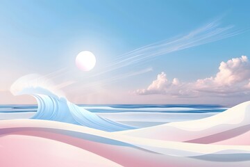 Serene seaside landscape with gently rolling waves, soft pastel hues, and a radiant sun.