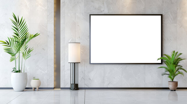 Luxurious High-End Hotel Lobby with Blank White Billboard Mockup for Advertisement Display