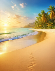 Serene beach scene with gentle waves, sandy shoreline, and palm trees casting shadows. The bright colors and soft brushstrokes create peaceful atmosphere. Generated AI. Sunny beach holidays travel