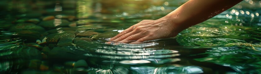 Fototapeta premium Gentle Hand Touching Calm Water Surface in Serene Natural Setting with Sunlight Reflections