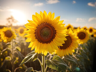 Fototapeta premium yellow sunflowers with a blurred background yellow flowers, with blurred greenery and sky in the background