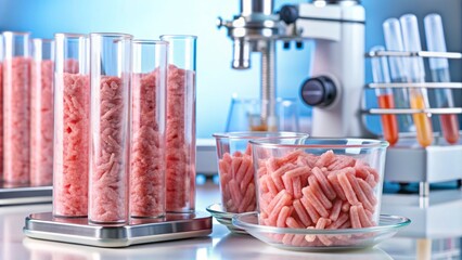 Isolated test tubes containing pinkish artificial meat fibers, resembling beef chunks, surrounded by precision lab equipment and microscopes.