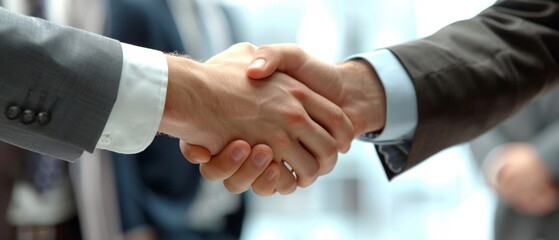 Obraz premium Professional Business Handshake: Corporate Partnership Sealed in 4K Detail. Close-up of Executives Finalizing Deal in Office Meeting. Symbol of Trust, Collaboration, and Successful Negotiation. High-D