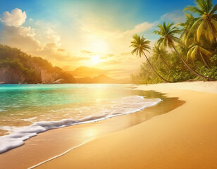 Serene beach scene with gentle waves, sandy shoreline, and palm trees casting shadows. The bright colors and soft brushstrokes create peaceful atmosphere. Generated AI. Sunny beach holidays travel