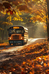 Obraz premium Yellow school bus on the road in the autumn countryside and sunset in the background. Back to School and education concept.