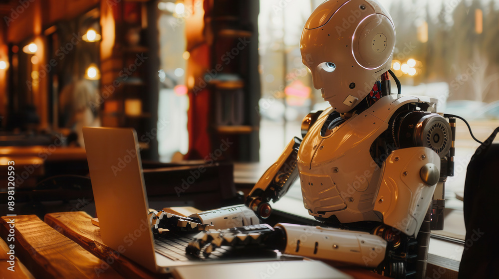 Poster an artificial intelligence robot sits at a wooden table in a coffee shop, typing on a laptop. genera