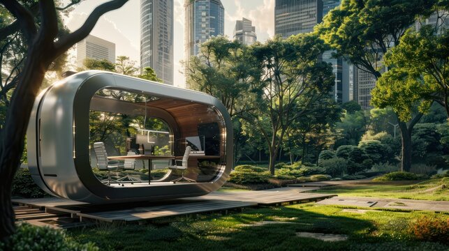 futuristic pod office in the heart of a city park, with advanced ergonomics and immersive digital interfaces