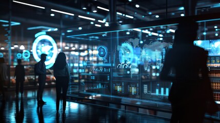 futuristic retail management office where managers use predictive analytics on large interactive displays to optimize inventory and sales strategies