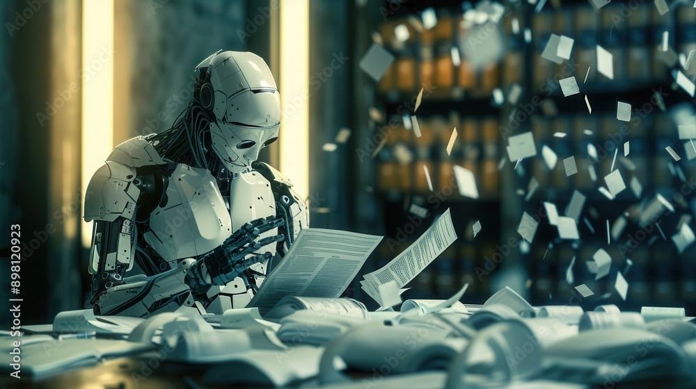 Poster an ai robot sits at a desk covered in papers, reading a document, in a room with shelves of books in