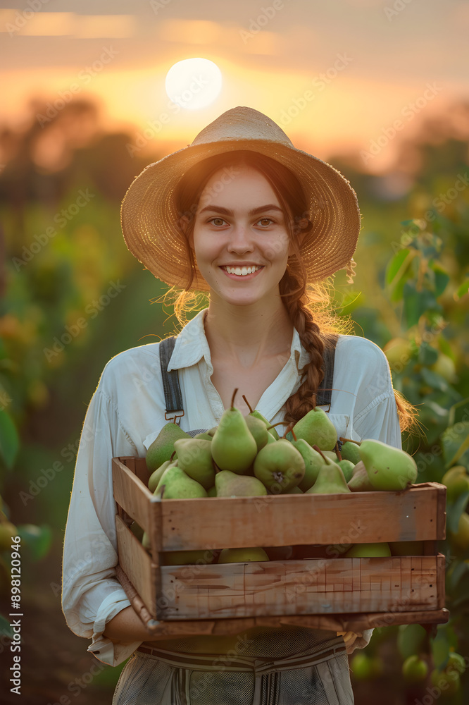 Wall mural beautiful young farmer woman holding a wooden box full of green pear fruits standing in the field wi