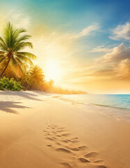 Serene beach scene with gentle waves, sandy shoreline, and palm trees casting shadows. The bright colors and soft brushstrokes create peaceful atmosphere. Generated AI. Sunny beach holidays travel