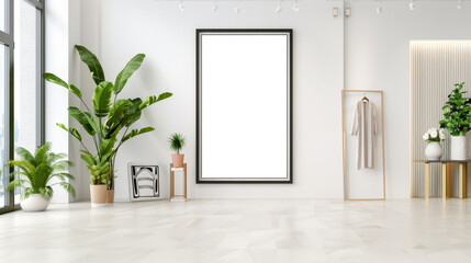 Fototapeta premium Minimalist Blank White Billboard Mockup in Stylish Fashion Store Lobby.