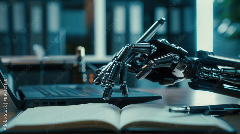 Leinwandbilder a robotic hand is typing on a laptop keyboard. a notebook and pen are lying on the desk. generative 