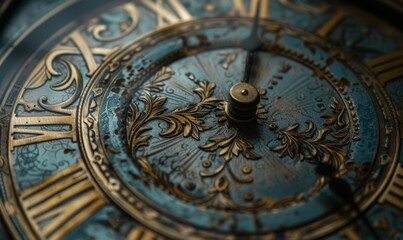 Obraz premium A detailed close-up of a vintage clock face, emphasizing the passage of time and the elegance of antique design