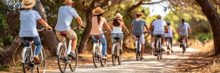 Friends cycling together, enjoying a scenic bike ride through the beautiful forest trails