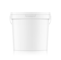 White plastic bucket for paints, horeca food, glue. Realistic vector illustration isolated on white background. Ready for your design. EPS10.