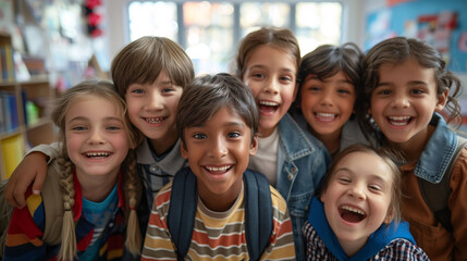 Happy group of diverse children smiling in a colorful classroom with vibrant decorations