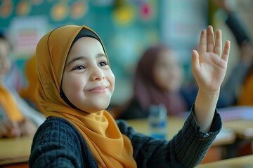 Young Girl in Hijab Smiling Enthusiastically in Classroom