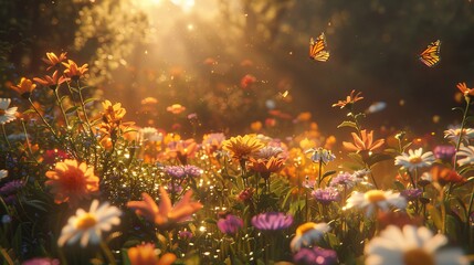 Butterflies and Flowers in Golden Sunlight