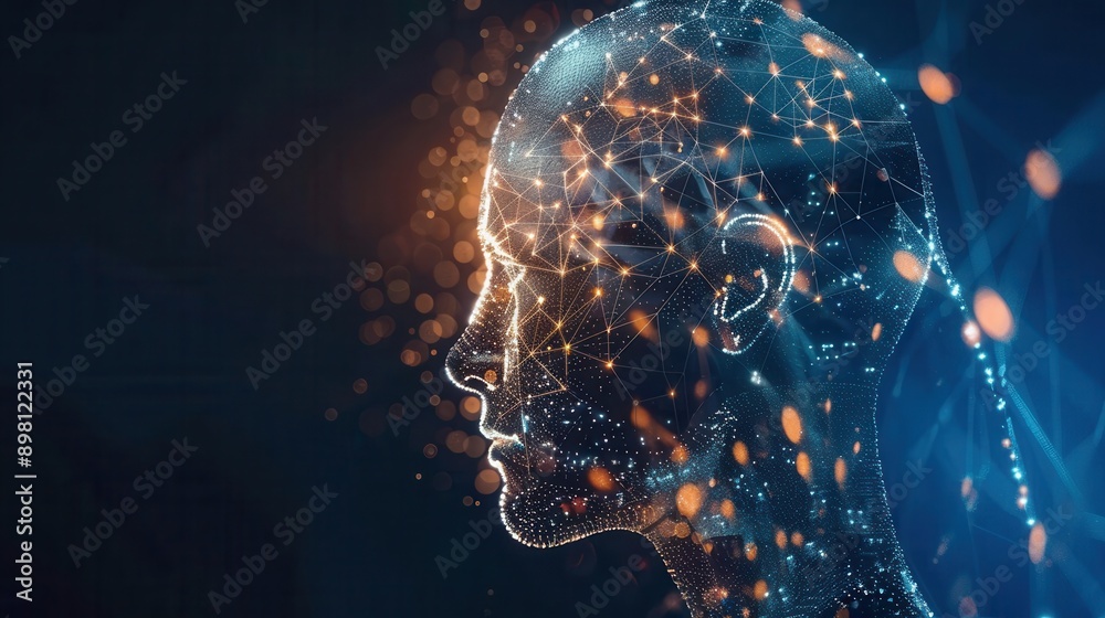 Poster A stylized representation of an artificial intelligence with glowing lines and nodes forming the shape of a head and ear. Generative AI