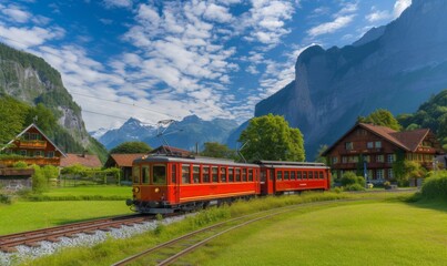 Famous electric red tourist panoramic train in swiss village Lungern, canton of Obwalden, Switzerland
