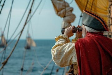 Pirate in red observing rival ships through a telescope on the ocean.Generative ai