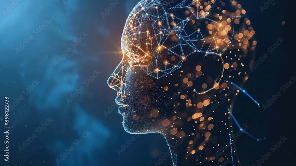 Aufkleber A digital rendering of a human head constructed of lines and glowing dots against a dark blue background. Generative AI