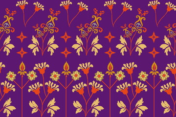 Floral background, geometric oriental seamless pattern, traditional purple, orange, yellow design for background, carpet, wallpaper, clothing, wrapping, batik, fabric, Vector embroidery pattern. ter