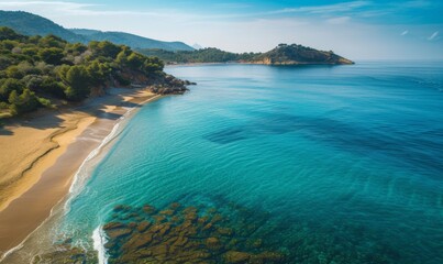 Fototapeta premium peaceful aerial wide beach landscape summer vacation mediterranean holiday waves crash stunning blue ocean bay sea panoramic coastline tranquil aerial drone top view relaxing sunny beach seaside