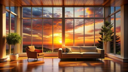 Warm orange tones illuminate a serene interior scene with a large window framing a breathtaking vibrant sunset sky.