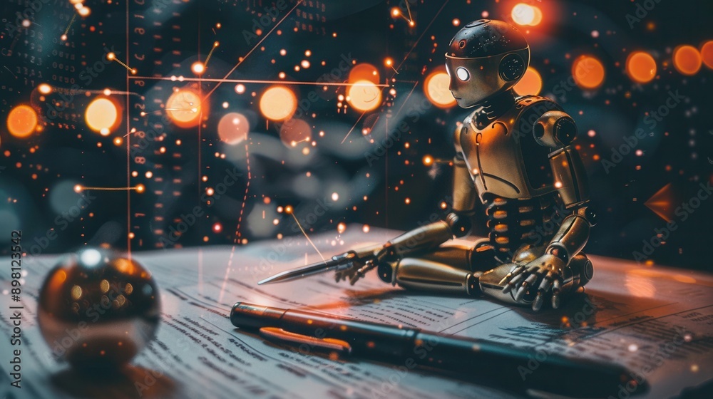 Aufkleber a golden robotic figure sits on a table, holding a pen and paper, surrounded by a digital world with