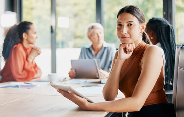 Portrait, smile and tablet in office, woman or proud of business, publicist or happy with ambition. Employee, joy or professional, expert or work in corporate and meeting with colleagues for research