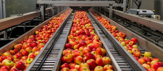 Apples on conveyor belt in modern food processing factory. Industrial production line for sorting...