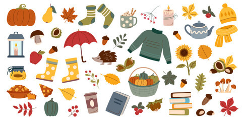 Autumn collection flat. Set of autumn elements. Autumn concept. Autumn clipart. Autumn objects set.	