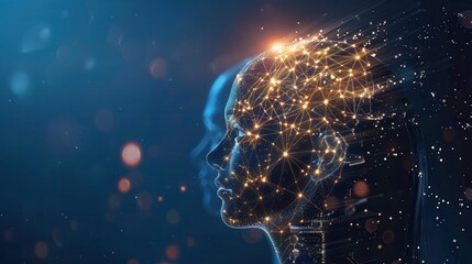 A digital rendering depicts a profile of an AI writer, their head composed of a network of glowing lines and nodes, against a dark blue background. Generative AI