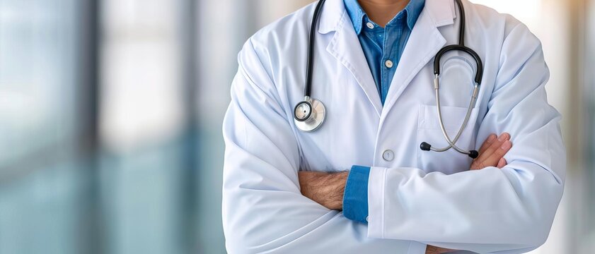 Professional doctor in a white coat with a stethoscope, showcasing medical expertise and confidence in a clinical setting.