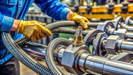 Close-up of heavy-duty machinery crimping metal fittings onto thick, reinforced high-pressure hydraulic hose in industrial manufacturing process.