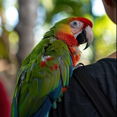 Obraz premium A parrot perched on its owner's shoulder, mimicking their speech By Generated AI