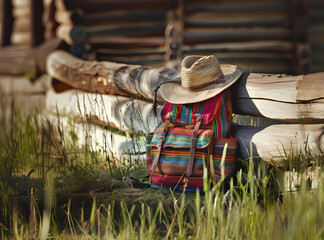 Fototapeta premium Multicolored mexican backpack on grass near country house, travel concept