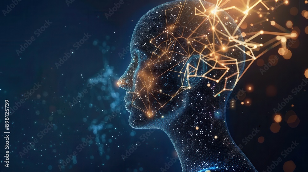 Poster a digital depiction of an artificial intelligence writer, represented by a glowing profile with conn