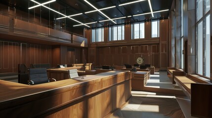 high-resolution digital courtroom where legal professionals use virtual reality to recreate scenes and present evidence