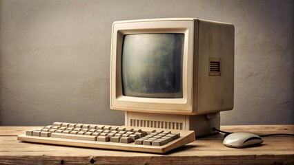 Outdated beige monitor with faded icons and worn keyboard reflecting nostalgic sentiments of an bygone technological era.