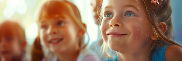 Children smiling and laughing in a brightly lit, joyful classroom.